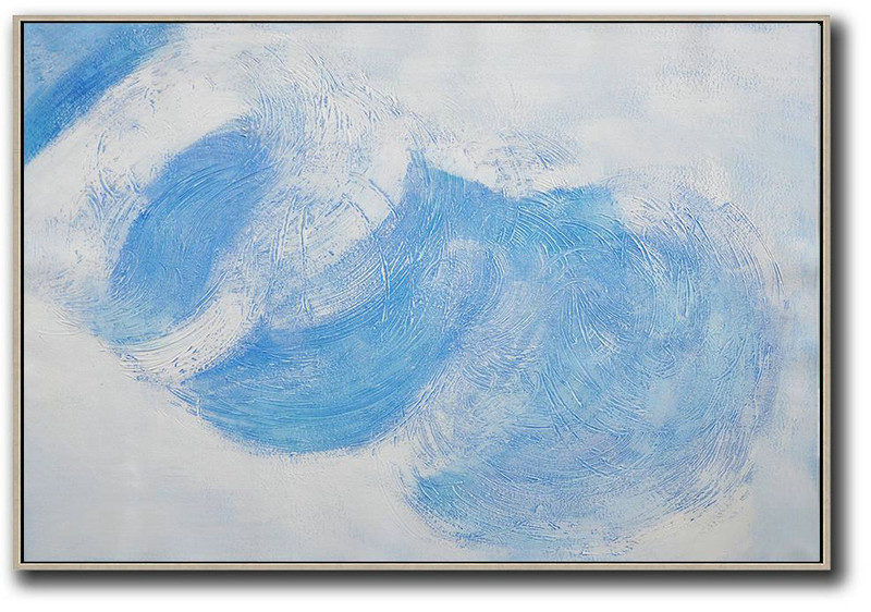 Oversized Horizontal Contemporary Art,Huge Canvas Art On Canvas,White,Grey,Blue